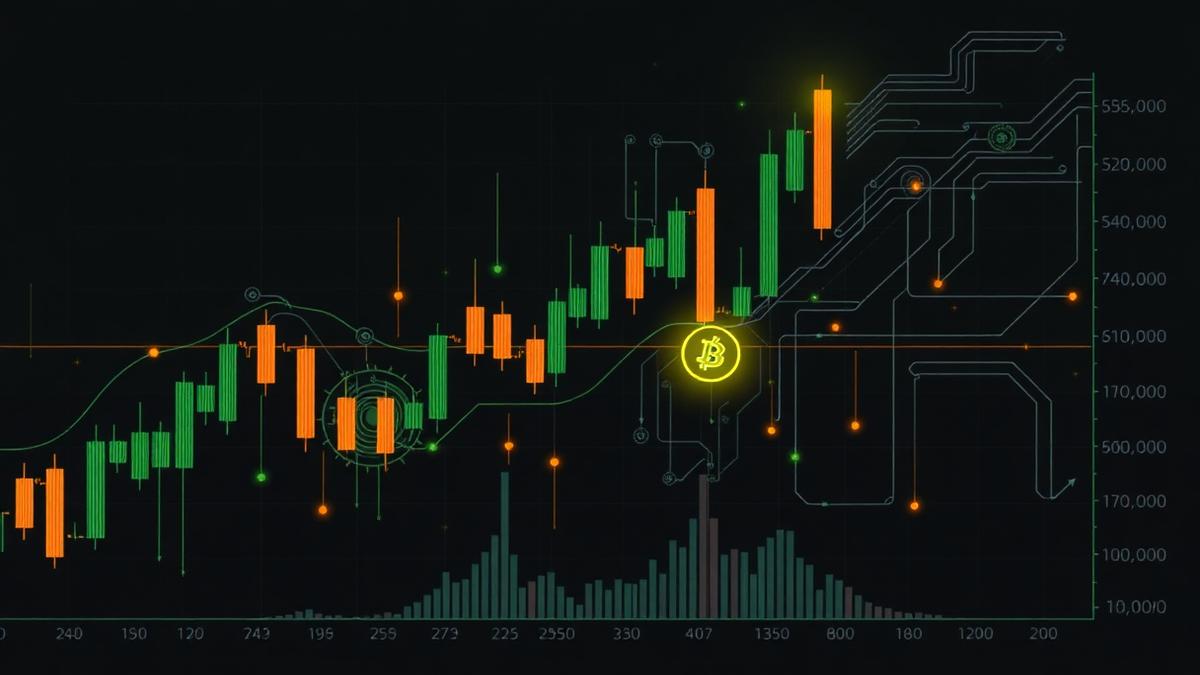Crypto candlestick chart with AI circuit overlay